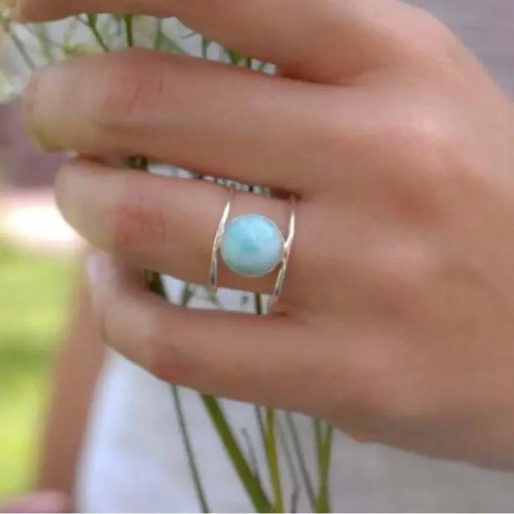 Bohemian Blue Stone Silver Fashion Ring, Size 9